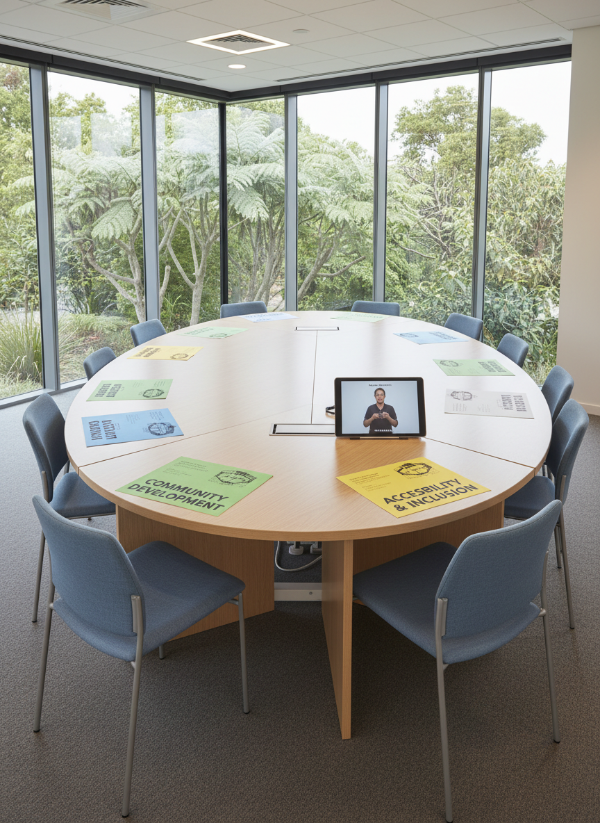A spacious meeting room in a New Zealand community hub, shown without people, featuring an oval table surrounded by a mix of standard chairs and one clearly visible wheelchair-accessible space with lowered table height and ample clearance. On the table lie color-coded agendas in large print, tactile diagrams, and a tablet displaying a captioned video interface. Large floor-to-ceiling windows reveal a hint of native trees outside under soft daylight, which fills the room with an even, welcoming glow. Photographic realism at eye level, with sharp focus throughout, creates a professional yet community-centered atmosphere that reflects inclusive planning and engagement.