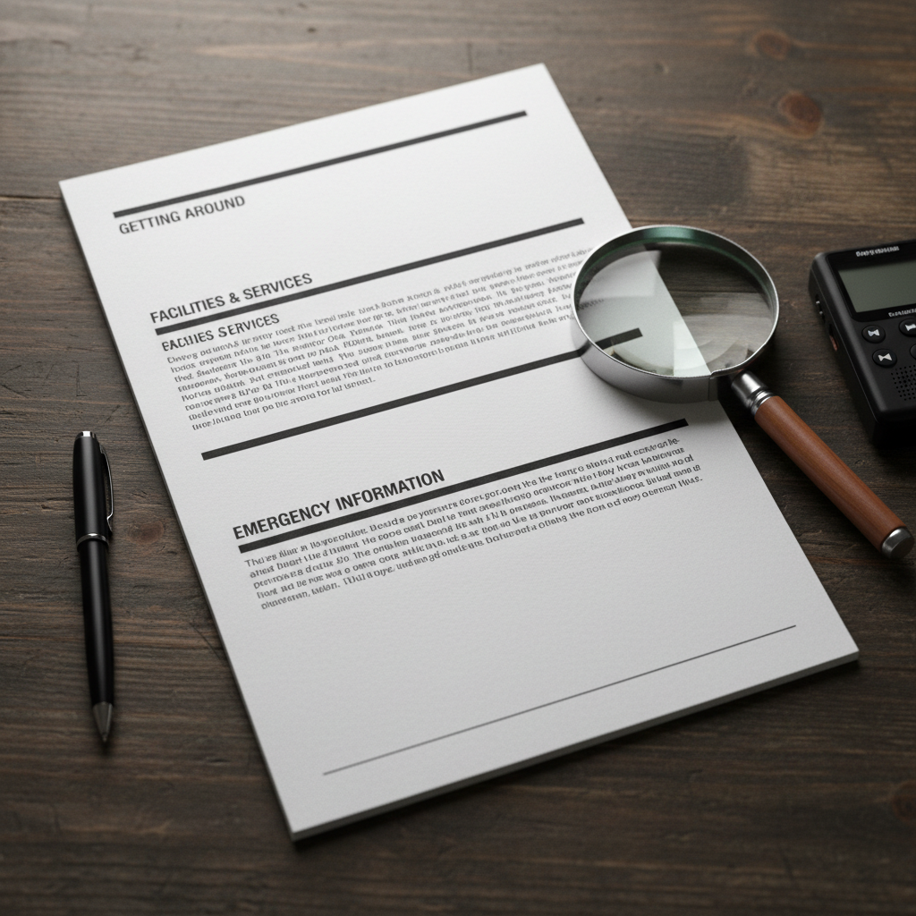 A close-up, photographic view of a printed accessibility guide in plain language, with clear headings, generous line spacing, and bold high-contrast section dividers, lying flat on a dark, textured wooden table. Beside it rest a magnifying glass, a simple black digital voice recorder, and a pen poised across the margin. Soft overcast window light from the left spreads evenly across the scene, minimizing glare and emphasizing the crisp texture of the paper. Shot from a slightly elevated angle with the guide placed on the rule of thirds, the mood is focused and practical, suggesting careful, thoughtful work on making complex information easy to understand.